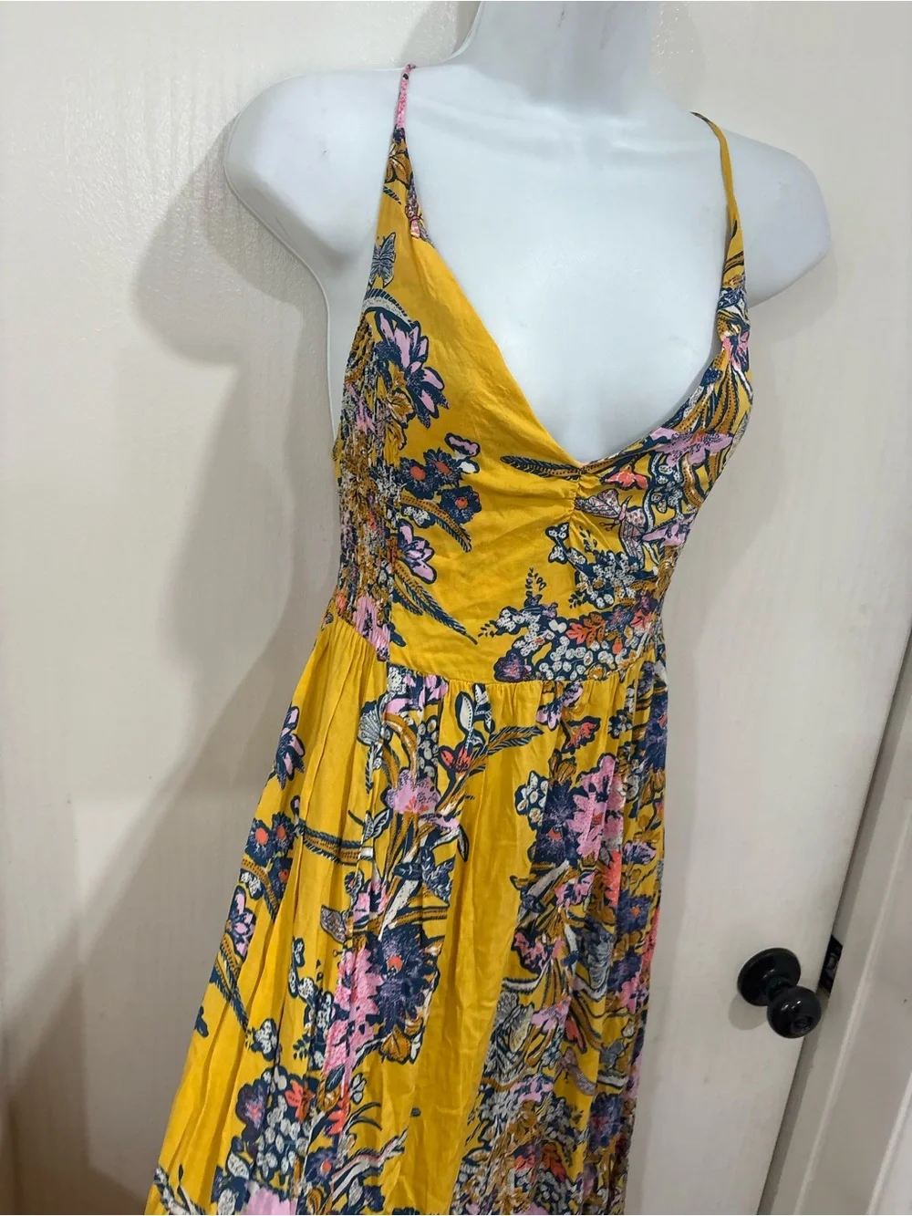 Free people bohemian flowy Yellow Floral Maxi Dress with Spaghetti Straps